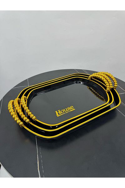 Living 3-piece rectangular tabasi set, elegant black color with a golden touch.
