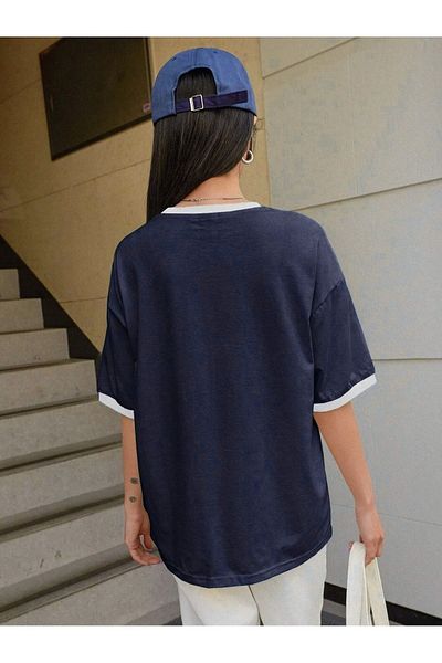 Trendseninle Μπλουζάκι Navy Blue White Single Jersey - Oversize Crew Neck, κοντό μανίκι