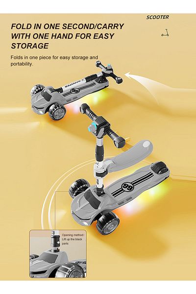 KidLe 3 in 1 Kick Scooter for Kids, Foldable Children's Scooter with Adjustable Seat and Light up Wheels
