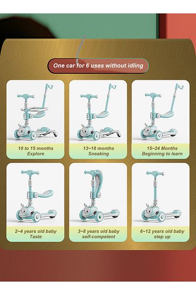 KidLe Kids Scooter 6-in-1 Children's Scooter with Adjustable Seat, Baby Scooter for 1-3-6 Years Boys Girls