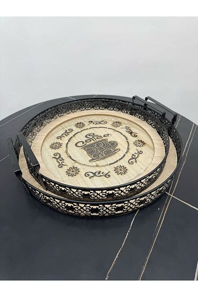 Living Set of 2 round trays with black steel edges and a wooden glass base