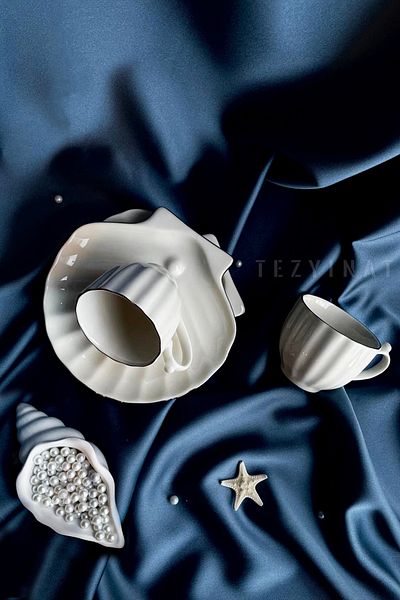 Tezyinat Wood -Istiridye Inci 4 Piece Porcelain Coffee Cup Set for 2 People (Platinum Gilding)