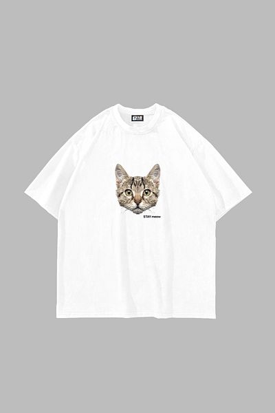 Sekizbiraltı Λευκό μπλουζάκι Cat Stay Meow με στάμπα Oversize Unisex