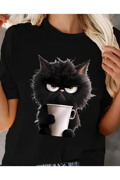 Panda Baskı Tekstil تي شيرت بتصميم خاص مطبوع عليه قطة غاضبة مقاس كبير