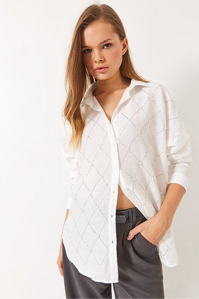 Bianco Lucci Women's Stone and Pearl Detailed Linen Ayrobin Stylish Shirt 60283019