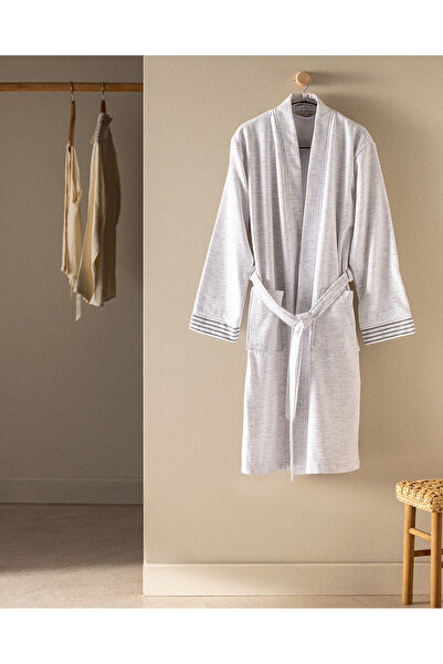 Madame Coco Opherna Kimono Cotton Unisex Bathrobe - White/Grey