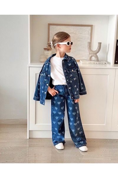 Daisy Dolly Girl's Denim Heart Patterned Jacket Jean Set