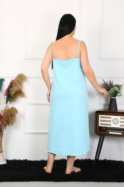 Celira Women's Large Size Rope Strap Cotton Blue Long Nightgown 12100