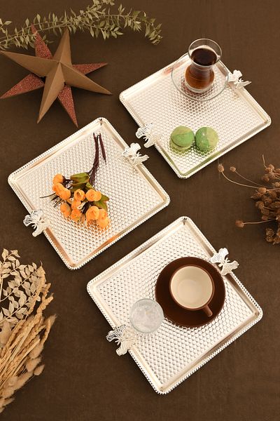 AKSESUAR EVRENİ Karev Square Honeycomb Model Butterfly Detailed Presentation Tray Silver Set of 3