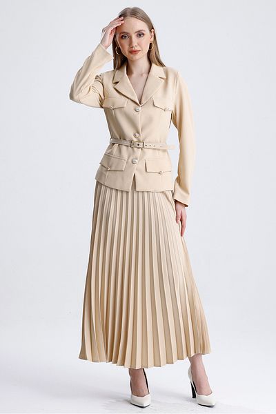 MD trend Women's Pleated Skirt and Belted Short Jacket with Pockets Double Classic Set