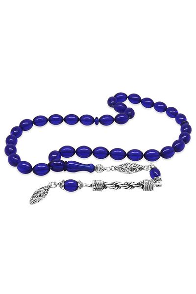 Tesbihane Non-Tarnish Metal Rope Tasseled Barley Cut Dark Blue Crimped Amber Prayer Beads