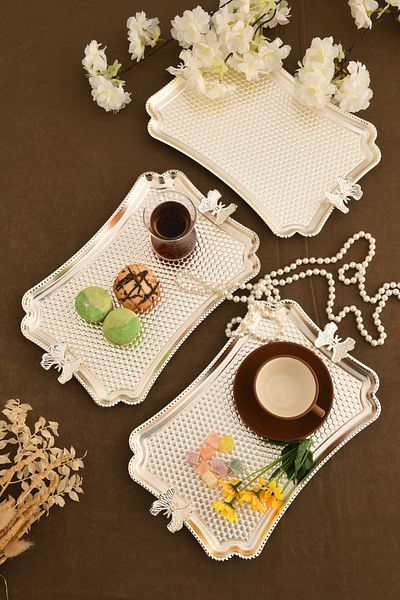 AKSESUAR EVRENİ Fiano Butterfly Honeycomb Model Butterfly Detailed Presentation Tray Silver Set of 3