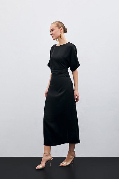 Sateen Crepe Satin Dress with Shirring Detail - Black