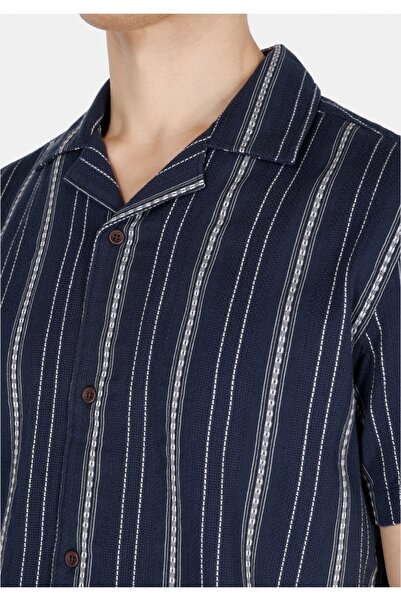 Colin's Regular Fit Shirt Neck Çizgili Erkek Lacivert Kısa Kol Gömlek