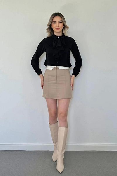 Butik Beige Belted Ball Mini Skirt