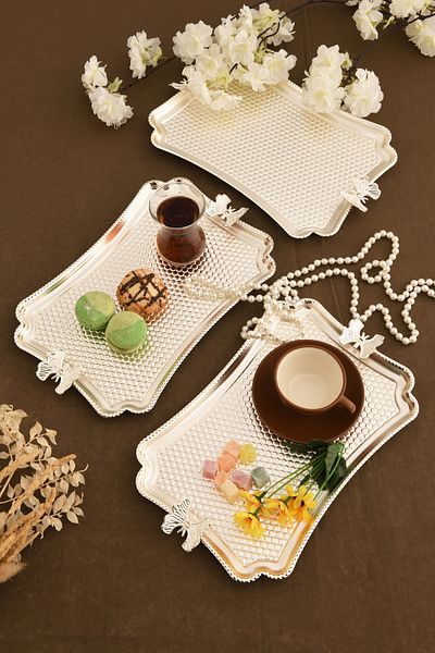 AKSESUAR EVRENİ Fiano Butterfly Honeycomb Model Butterfly Detailed Presentation Tray Silver Set of 3
