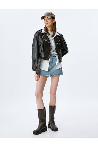 Koton Faux Leather Zippered Belt Detailed Washed Biker Jacket