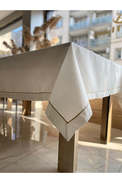 Ceki Home Striped Cream Tablecloth White Stain-Resistant Fabric Tablecloth
