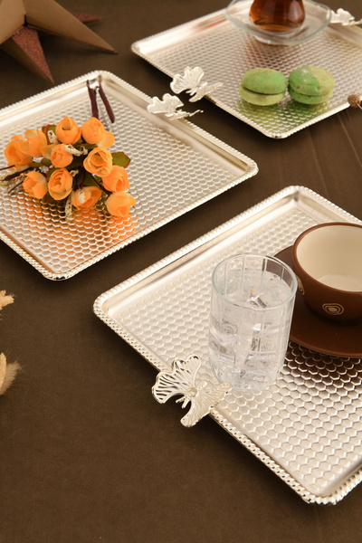 AKSESUAR EVRENİ Karev Square Honeycomb Model Butterfly Detailed Presentation Tray Silver Set of 3
