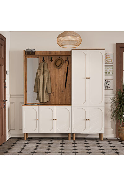 Mezza Set 5090-5094 Roma Sol Aynalı 7 Kapaklı (MEMBRAN) 4 Askılı Raflı Bohem Portmanto Atlantik Çam-beyaz