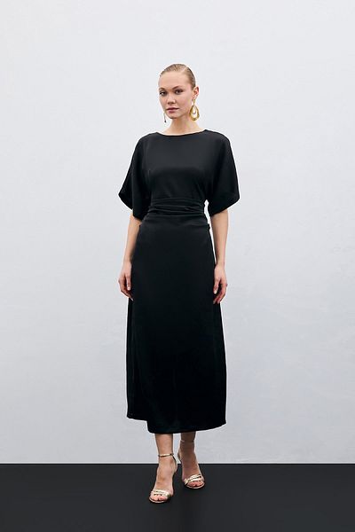 Sateen Crepe Satin Dress with Shirring Detail - Black