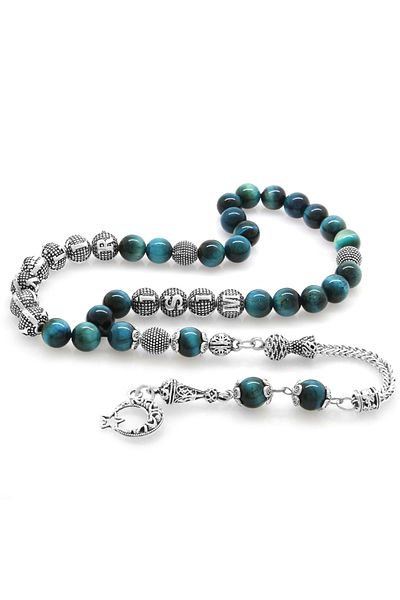 Tesbihane Non-Tarnish Metal Tasseled Globe Cut Name Written Turquoise Turtle Eye Natural Stone Rosary