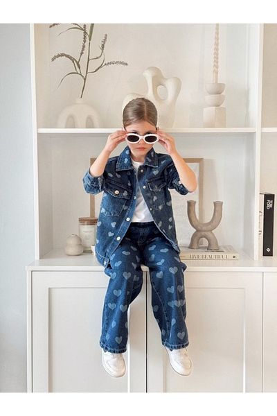 Daisy Dolly Girl's Denim Heart Patterned Jacket Jean Set