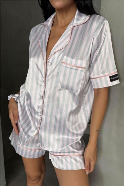 COCCOLARSI Set pijama Strisce Rosa Chiaro Grigio din satin cu talie scurta di...