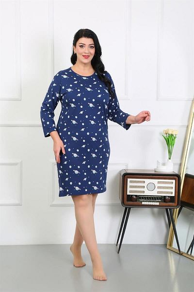 Celira Navy Blue Plus Size Combed Cotton Nightgown and Home Dress - 12507