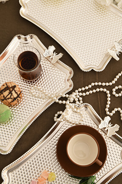 AKSESUAR EVRENİ Fiano Butterfly Honeycomb Model Butterfly Detailed Presentation Tray Silver Set of 3