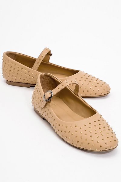 Dericlub Women's Helmet Stone Ballerina Shoes Real Leather Zy 8025 Caramel