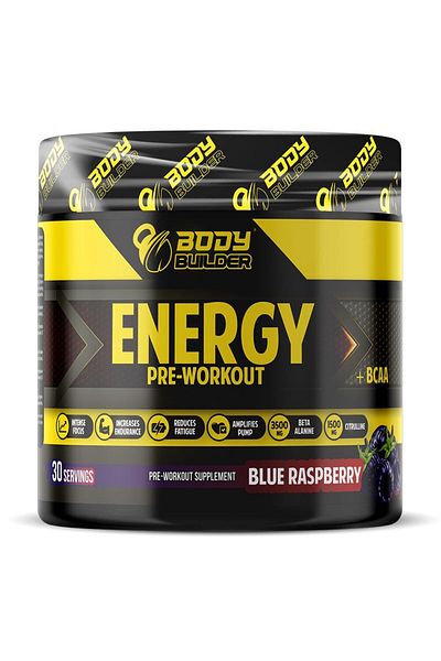 Body Builder Energy Pre workout Plus BCAA, Blue Raspberry, 30 Servings
