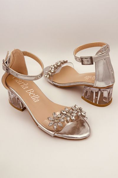 CARLA BELLA Pantofi cu toc pentru fete Rochie de seara din piatra cu toc transparent de 5 cm Pantofi de seara pentru fete argintii