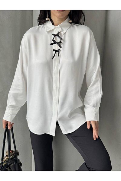Kısmetin Butiği Women's Flosh Satin Fabric Bow Detailed Shirt New Collection