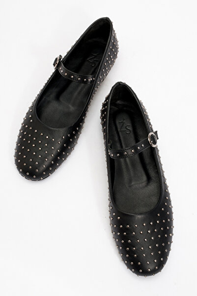 Dericlub Women's Hard Hat Stone Ballerina Shoes - Real Leather Zy 8025 Black