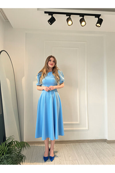 Store Bisiklet Yaka Balon Kol Midi Boy Elbise