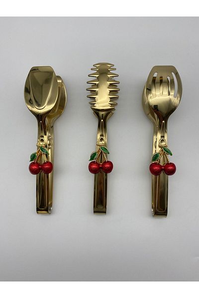 Fiyakalı Ürünler Atölyesi Gold Tongs Set |   18/10 Stainless Steel |   Cherry Salad |   Pasta and Pasta Presentation Presentation