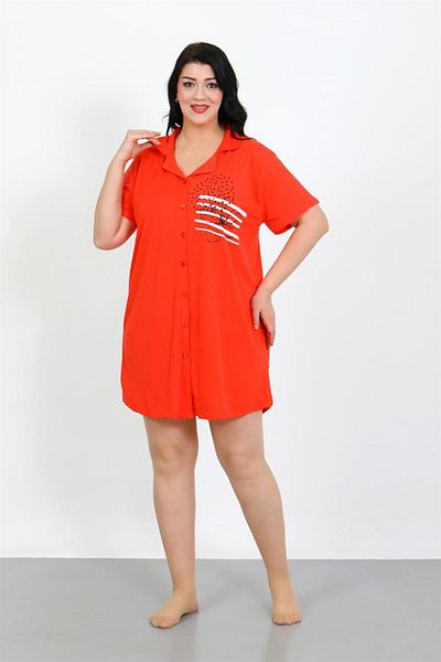 Celira Plus Size Combed Cotton Buttoned Pomegranate Flower Tunic Nightgown 1025