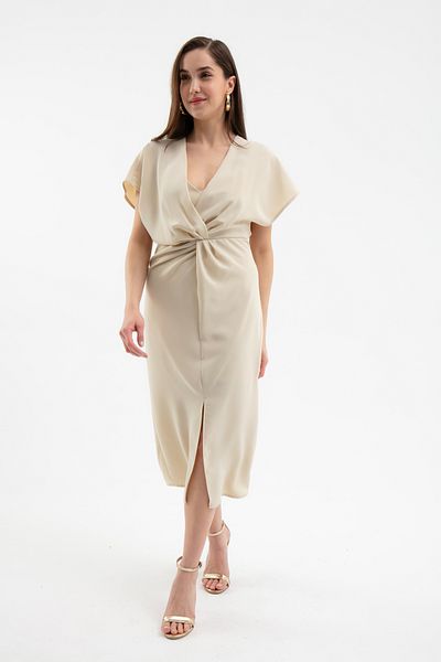 Lafaba Women's Beige V-Neck Slit Midi Dress