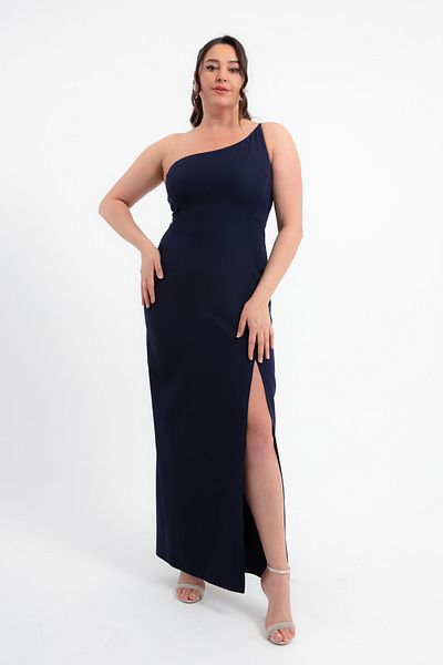 Lafaba Women's Navy Blue One Shoulder Slit Large Size Long Dress