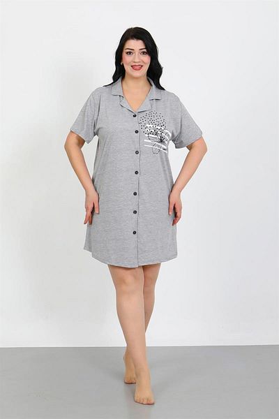 Celira Plus Size Combed Cotton Buttoned Gray Tunic Nightgown 1025