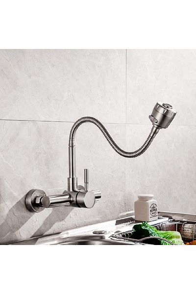 COOYA Stainless Steel Wall Mounted Kitchen Faucet, Kitchen Sink Tap 360 Degree Swivel, Silver