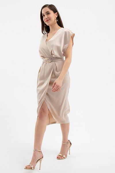 Lafaba Women's Beige Double Breasted Collar Belted Midi Dress