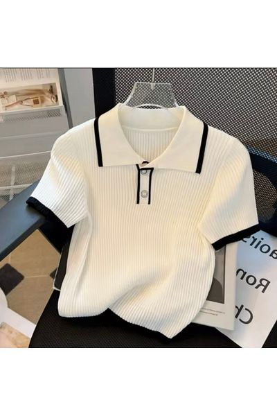 NATUFIAN STORE Tricou de damă cu guler polo cu dungi cu nasturi