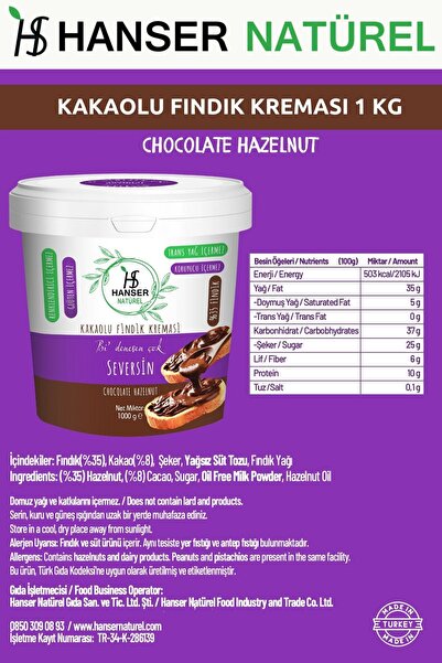 Hanser Natürel %100 Fıstık Ezmesi & Seversin Kakaolu Fındık Kreması 2’li Paket (1000 GR X2)