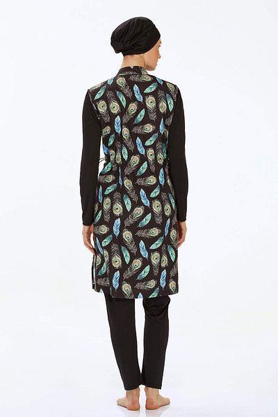 Elit Black Blue Feather Pattern Long Sleeve Zippered Full Covered Hijab Swimsuit 9267