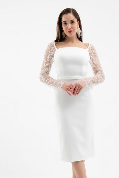 Lafaba Women's White Sleeve Detailed Promise Engagement Wedding Evening Dress