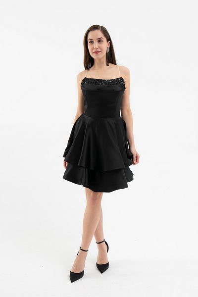 Lafaba Women's Black Strapless Neck Sequined Mini Satin Homecoming Evening Dress