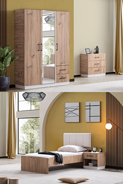 Setay Genç Odası Efes 3 Kapaklı Dolap,Karyola,Şifonyer,Komodin Ceviz Krem