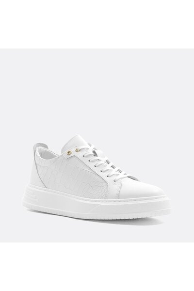 Celal Gültekin Erkek Beyaz Kroko Bağcıklı Kalın Tabanlı Deri Sneaker